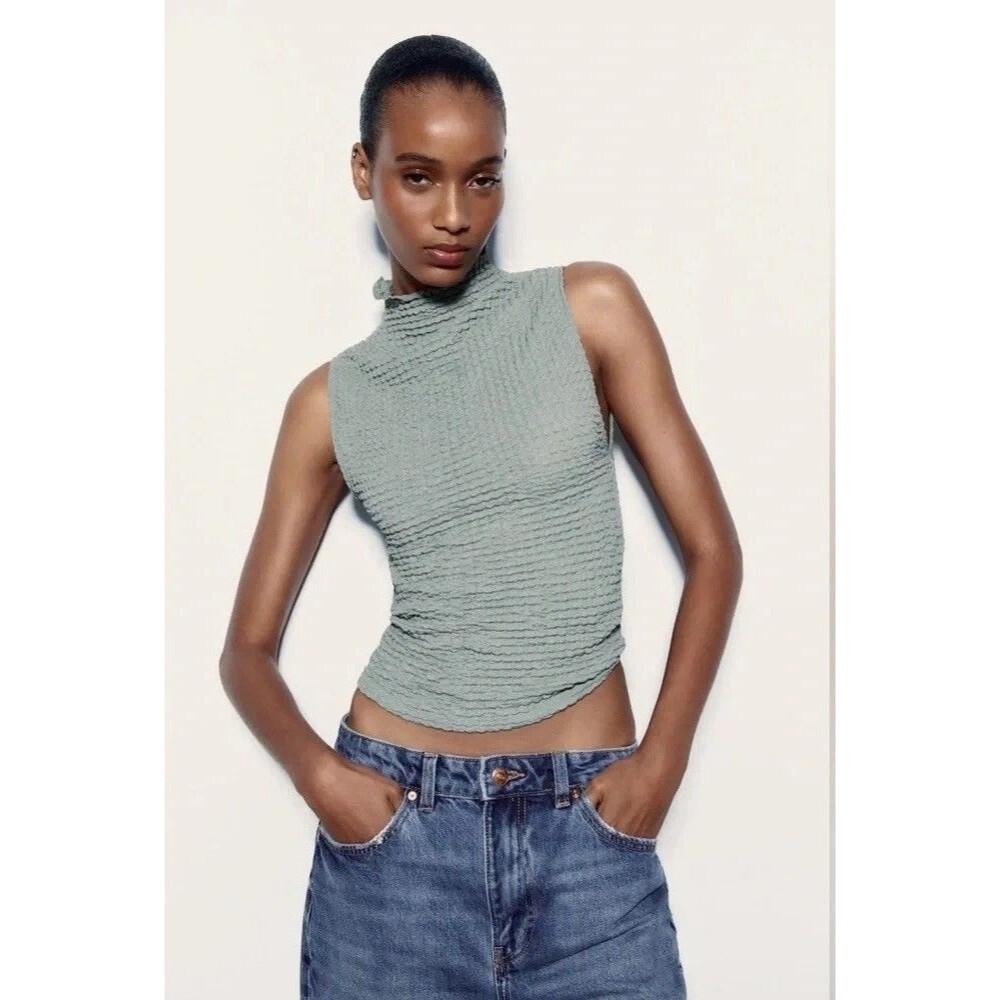 Zara Small Textured High Neck Tank Top Light Green Cropped Sleeveless Waffle